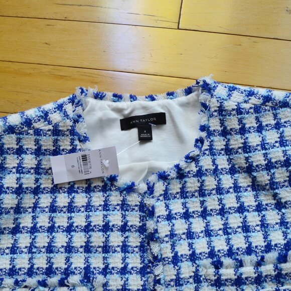 Ann Taylor Women’s Cropped Fringe Tweed Jacket Blue white Sz 8 office preppy - Picture 2 of 14